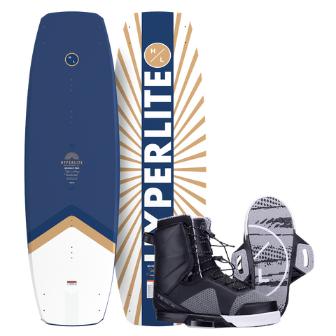 Blue and white wakeboard with gold accents, Hyperlite logo, and black and gray boots on a white background.